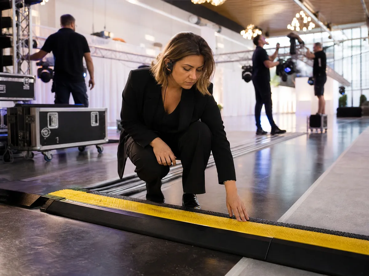 Eventplanerin prüft vor der Veranstaltung Kabelbrücken und Fluchtwege in der Festhalle