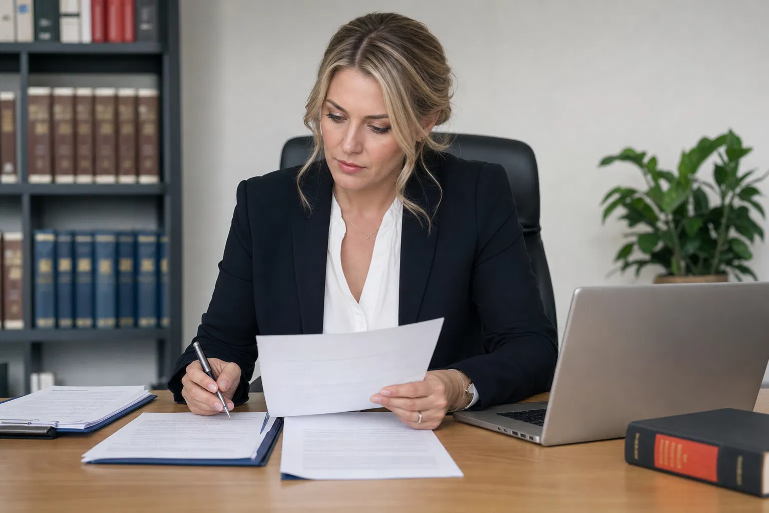 Frau im schwarzen Blazer liest und unterschreibt an einem Schreibtisch Unterlagen, neben ihr ein Laptop und Ordner