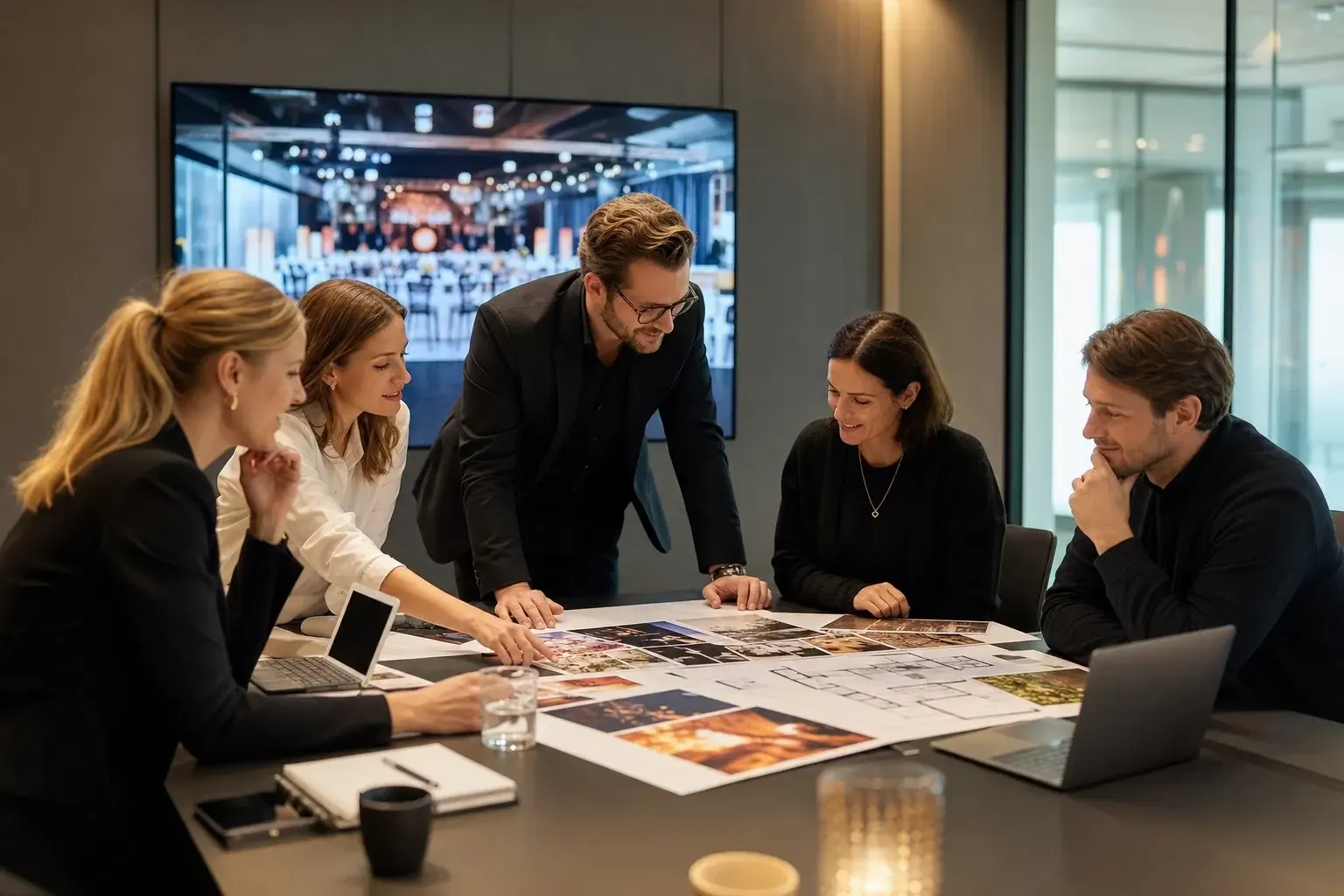 Eventteam plant am Konferenztisch mit Fotos und Grundriss, im Hintergrund ein Bildschirm mit festlich gedecktem Saal