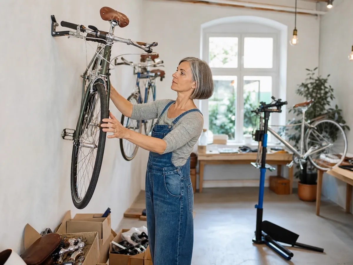 Gründerin richtet ihr Ladenlokal für die neue Fahrradwerkstatt ein und hängt Fahrräder auf