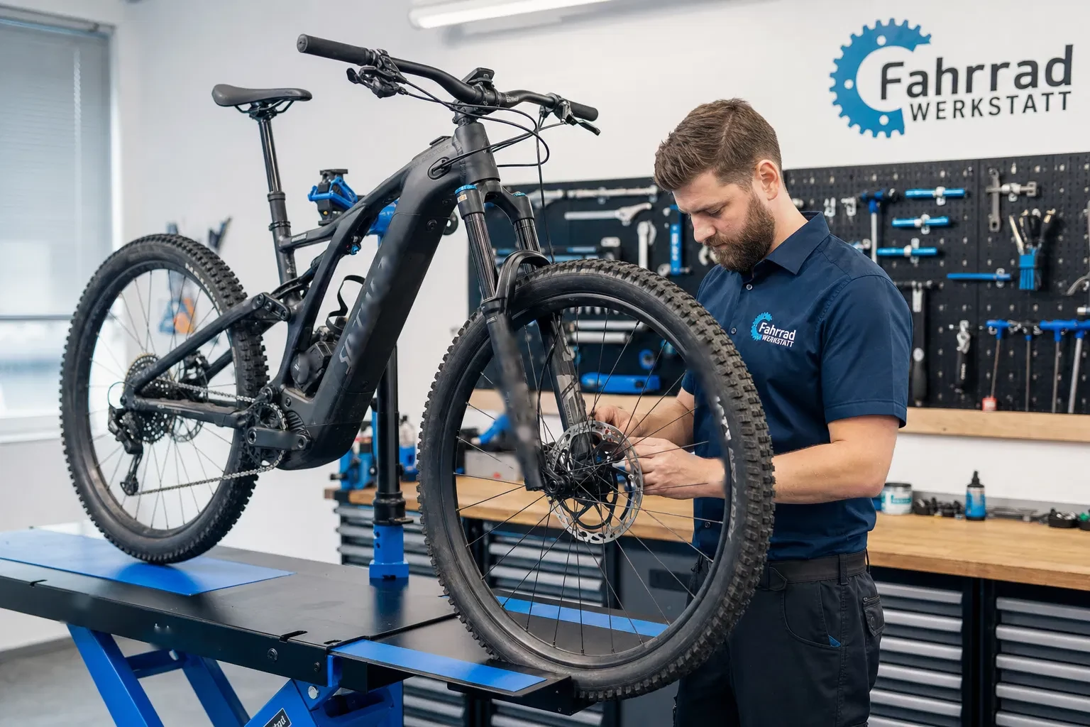 Mechaniker in dunklem Poloshirt repariert ein E-Mountainbike auf einem Montageständer vor einer Werkzeugwand