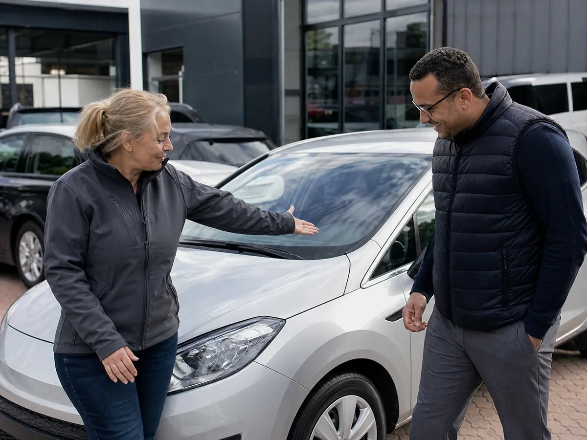 Fahrzeugaufbereiterin übergibt einem Autohändler als Stammkunden einen frisch aufbereiteten Wagen