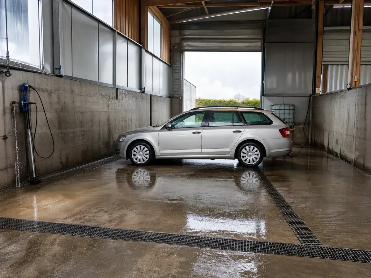 Waschplatz einer Fahrzeugaufbereitung mit Bodenrinne, über die das Waschwasser zum Ölabscheider fließt