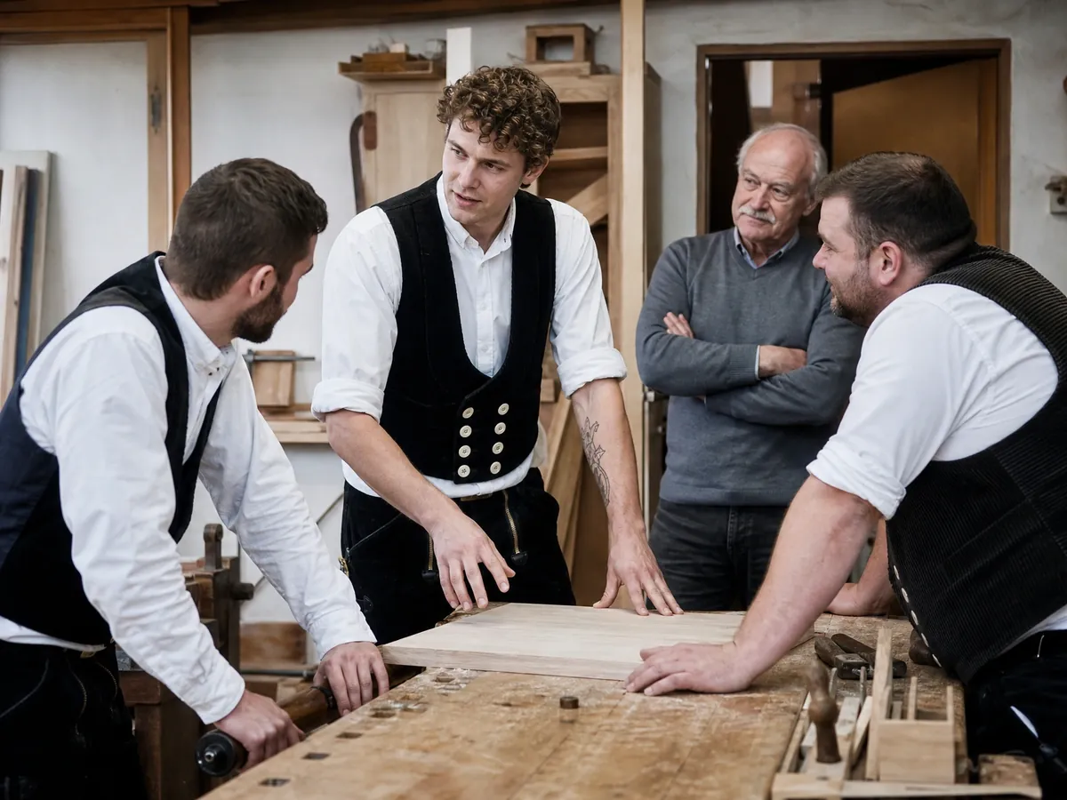 Junger Nachfolger leitet die Besprechung in der Schreinerei, sein Vater hört im Hintergrund zu