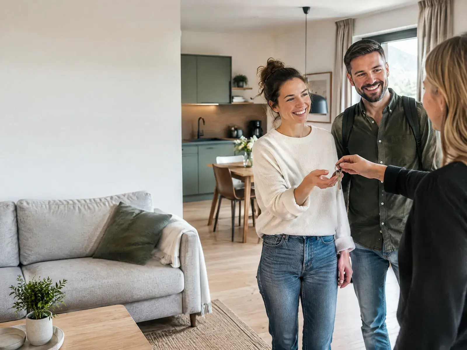 Gastgeberin übergibt einem Paar in einer modernen Ferienwohnung mit Küche den Schlüssel