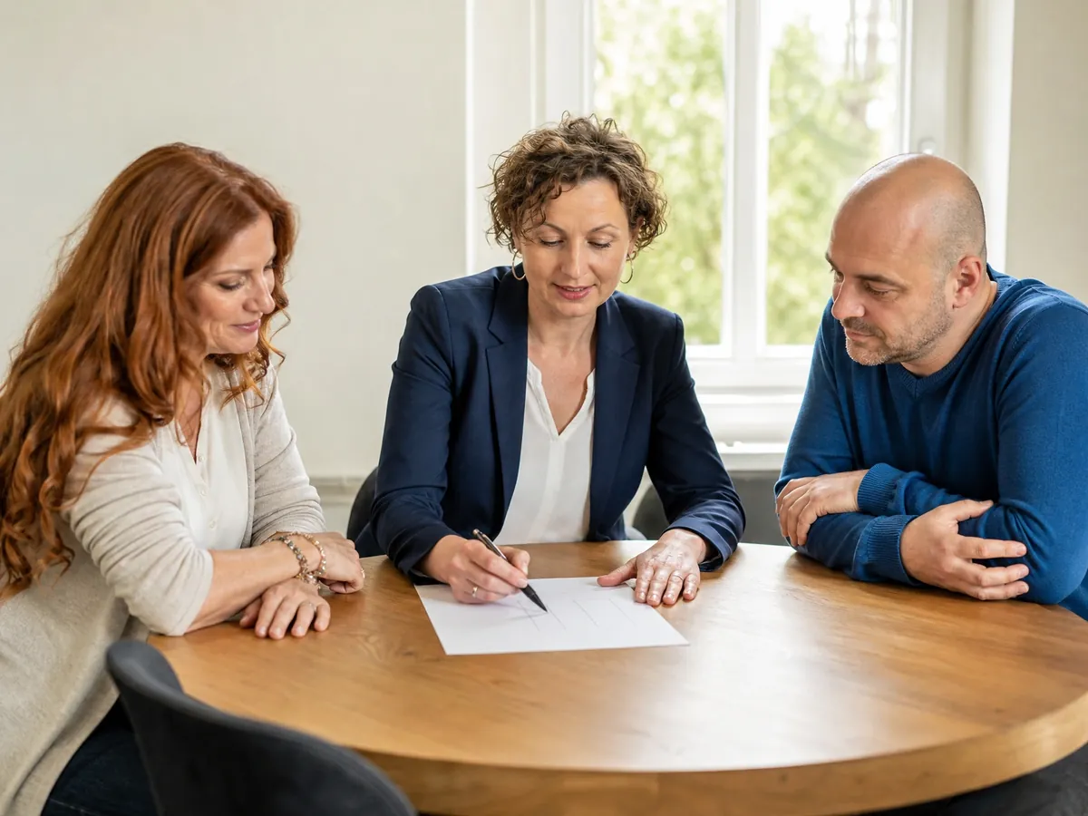 Finanzberaterin erklärt einem Paar im Gespräch den Unterschied zwischen Honorar und Provision