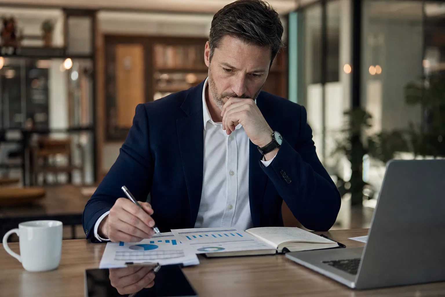 Nachdenklicher Mann im Sakko sitzt am Tisch und schreibt Notizen neben ausgedruckten Diagrammen und einem Laptop