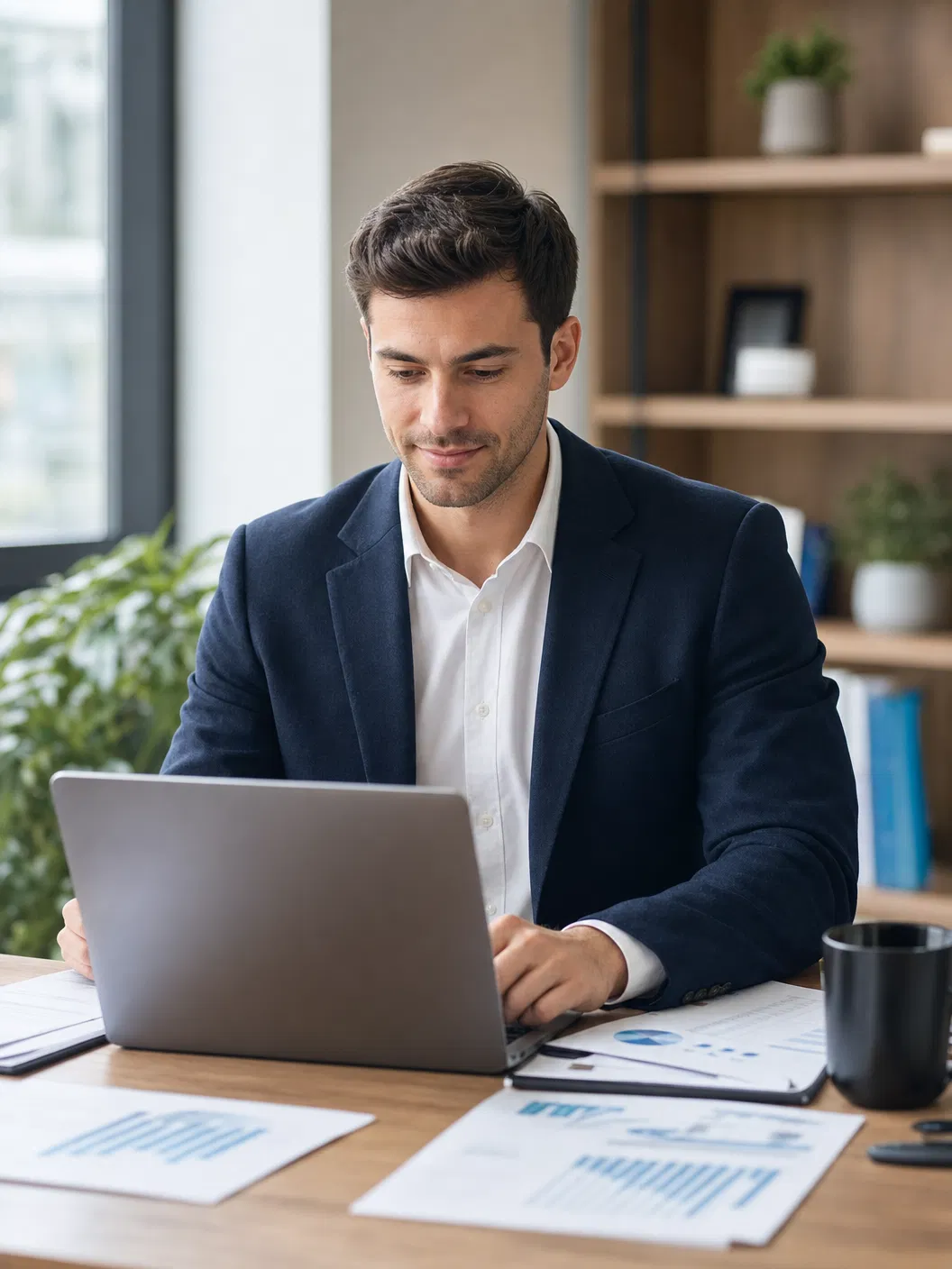 Junger Mann im dunklen Sakko arbeitet konzentriert am Laptop, vor ihm liegen Ausdrucke mit Diagrammen