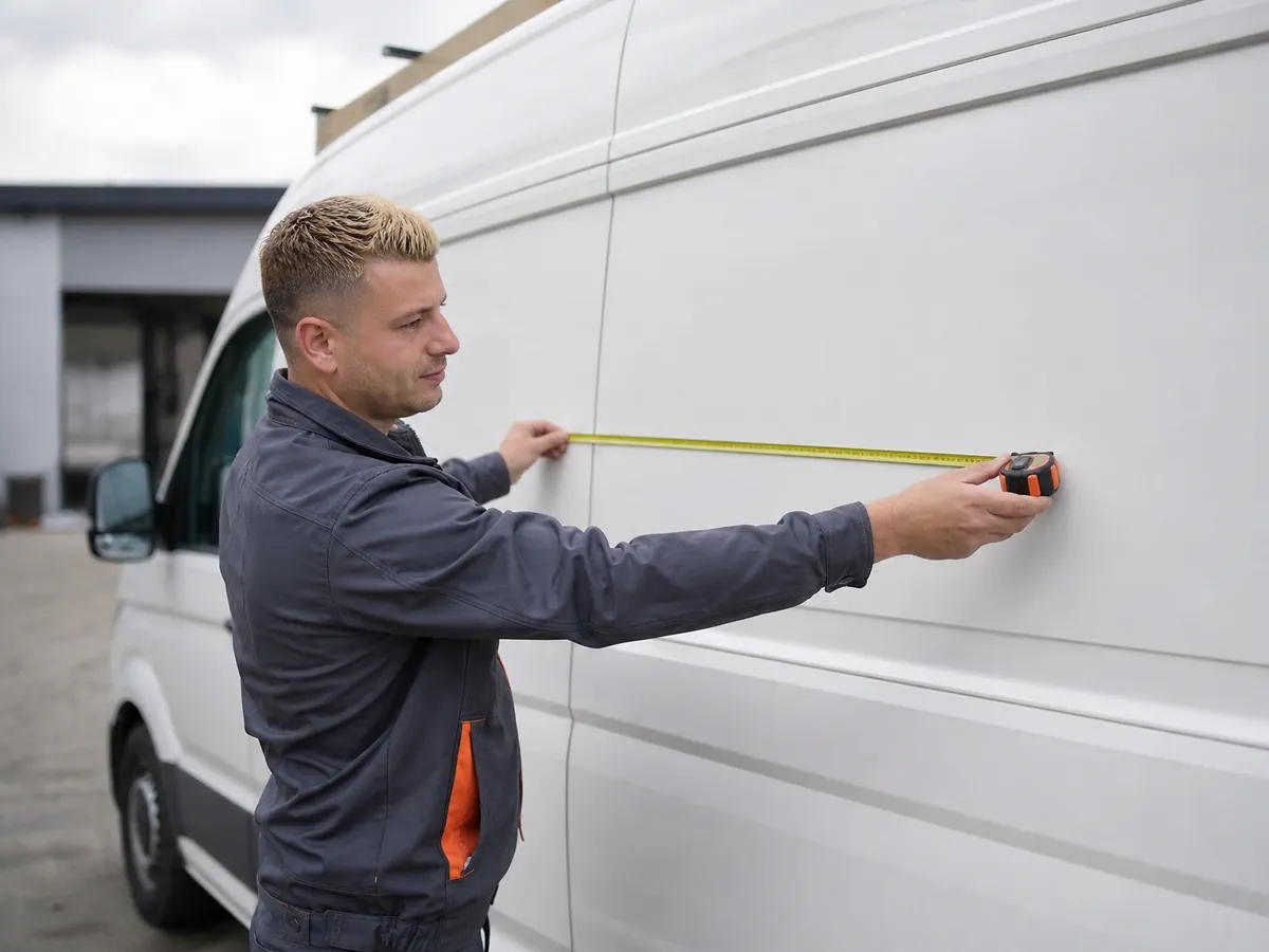Elektriker misst seinen Transporter für die Beschriftung mit seinem Namen als Einzelunternehmer aus