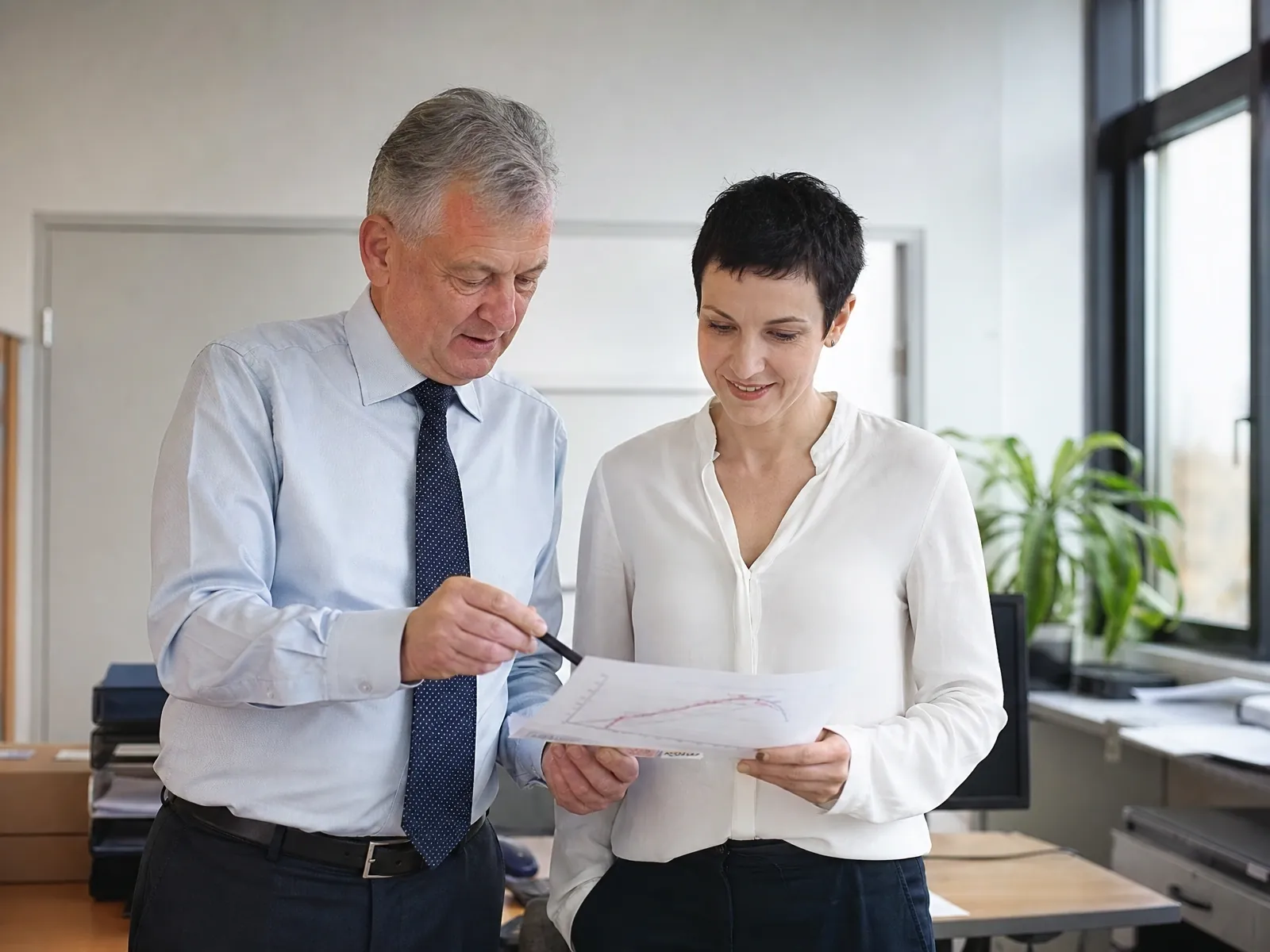 Firmenwert berechnen: Unternehmer und Käuferin besprechen eine ausgedruckte Ertragskurve