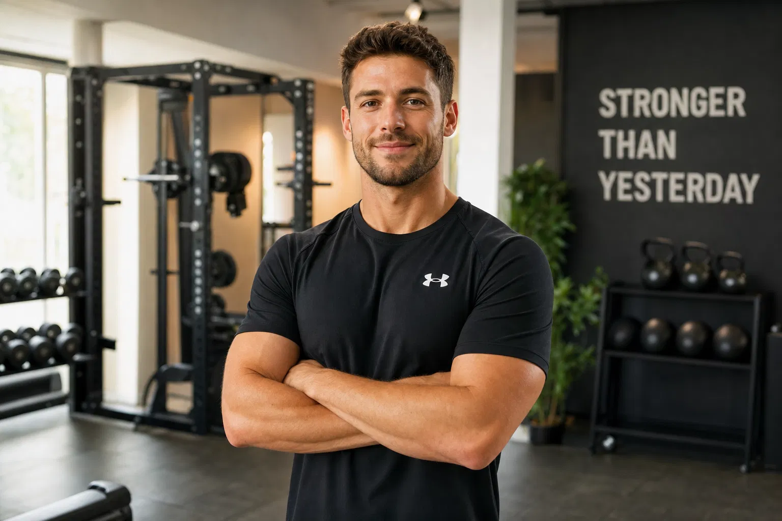 Lächelnder Fitnesstrainer mit verschränkten Armen in einem kleinen Studio mit Kraftrack und Kettlebells