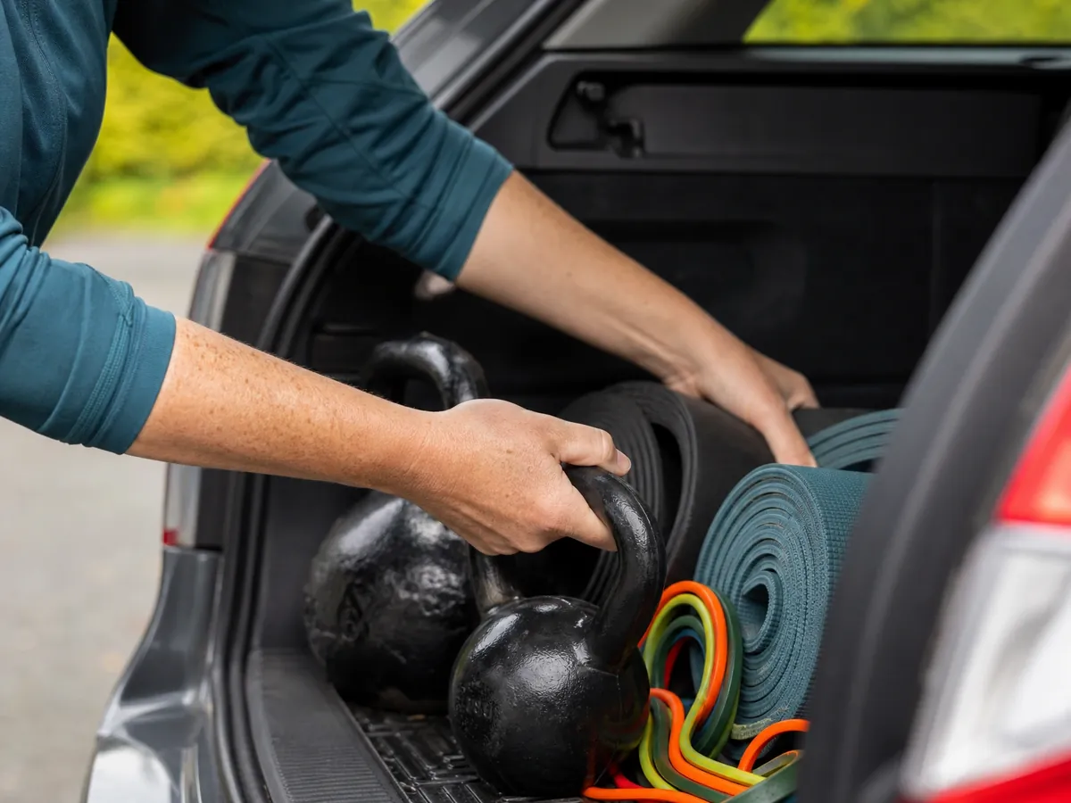 Fitnesstrainerin lädt ihre eigene Ausrüstung ins Auto – ein Zeichen echter Selbstständigkeit