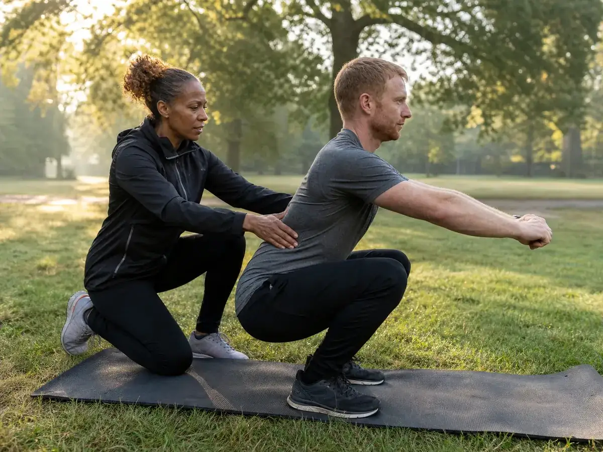 Selbstständige Fitnesstrainerin korrigiert im Park die Kniebeuge eines Kunden