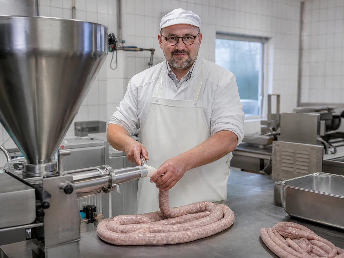 Fleischermeister stellt in der Wurstküche seiner Fleischerei frische Bratwürste her