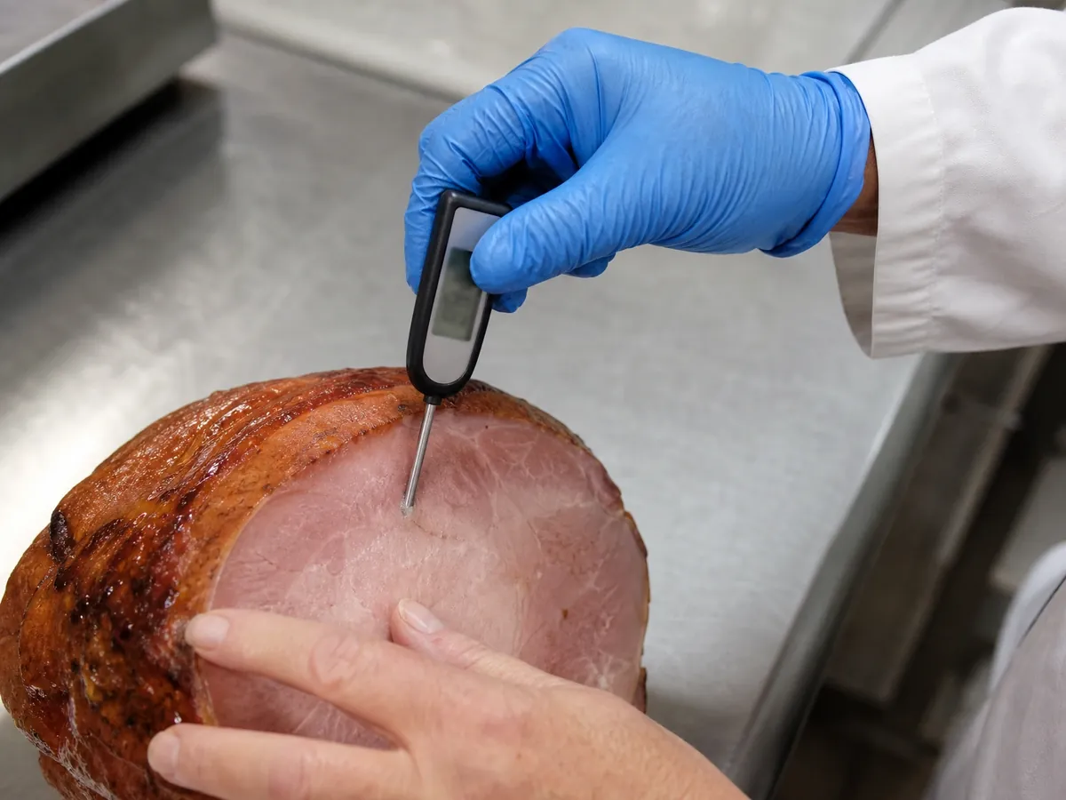 Kerntemperatur eines Kochschinkens wird gemessen – Teil der HACCP-Eigenkontrolle in der Fleischerei