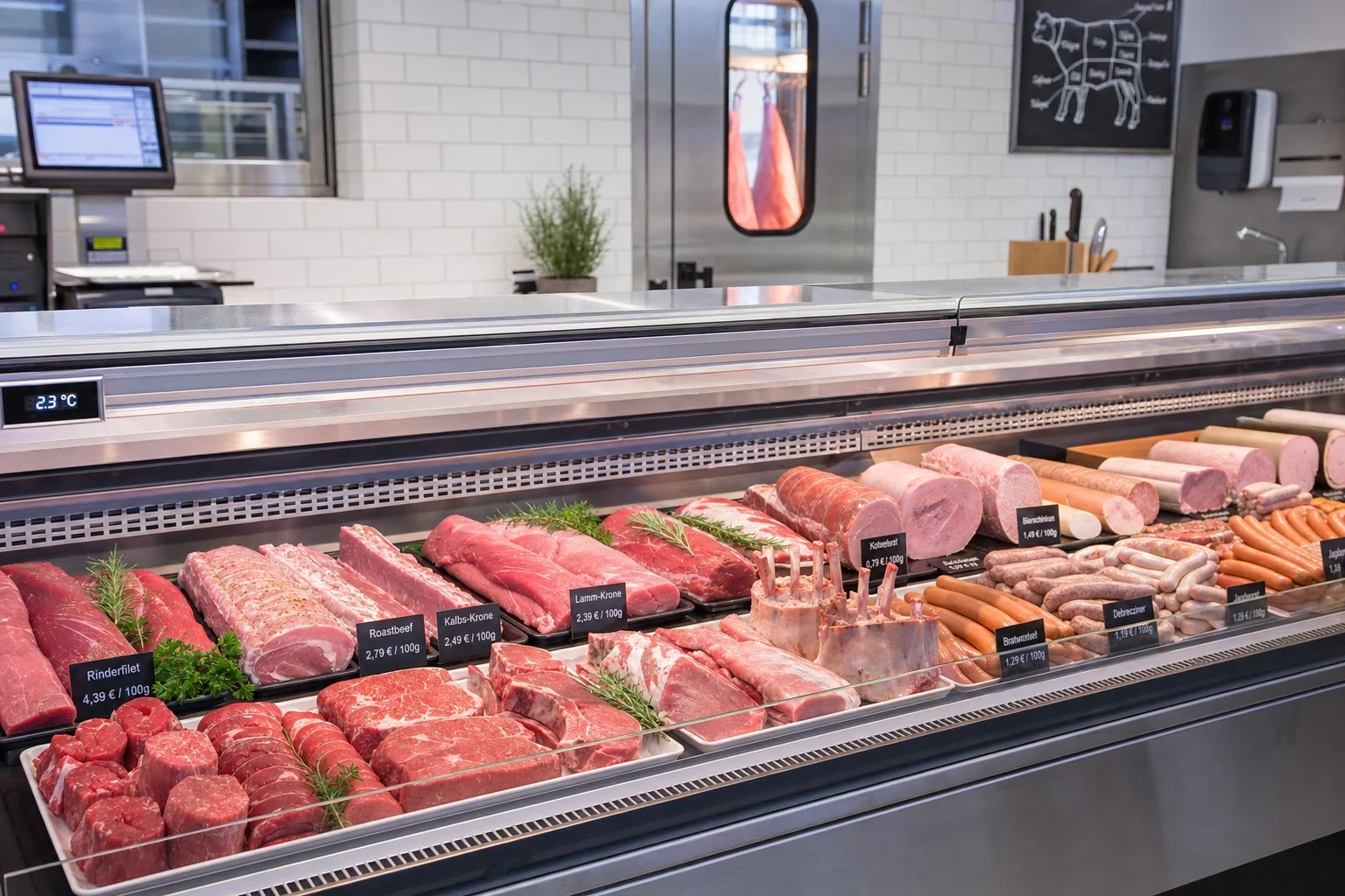 Gekühlte Verkaufstheke mit Fleisch und Würsten, darüber eine Temperaturanzeige und eine Waage an der Wand