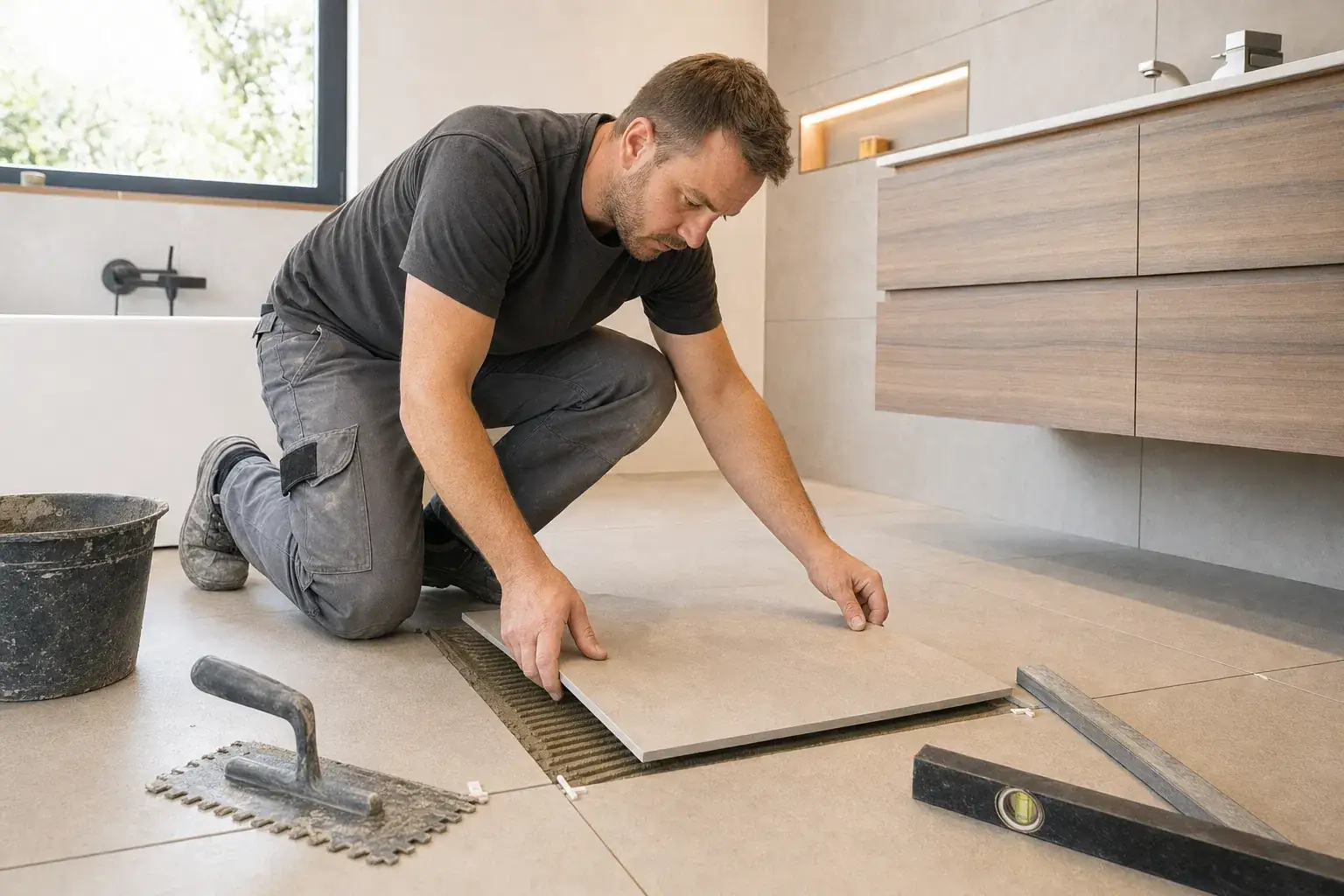 Fliesenleger kniet in einem modernen Bad und setzt eine großformatige Bodenfliese ins Kleberbett