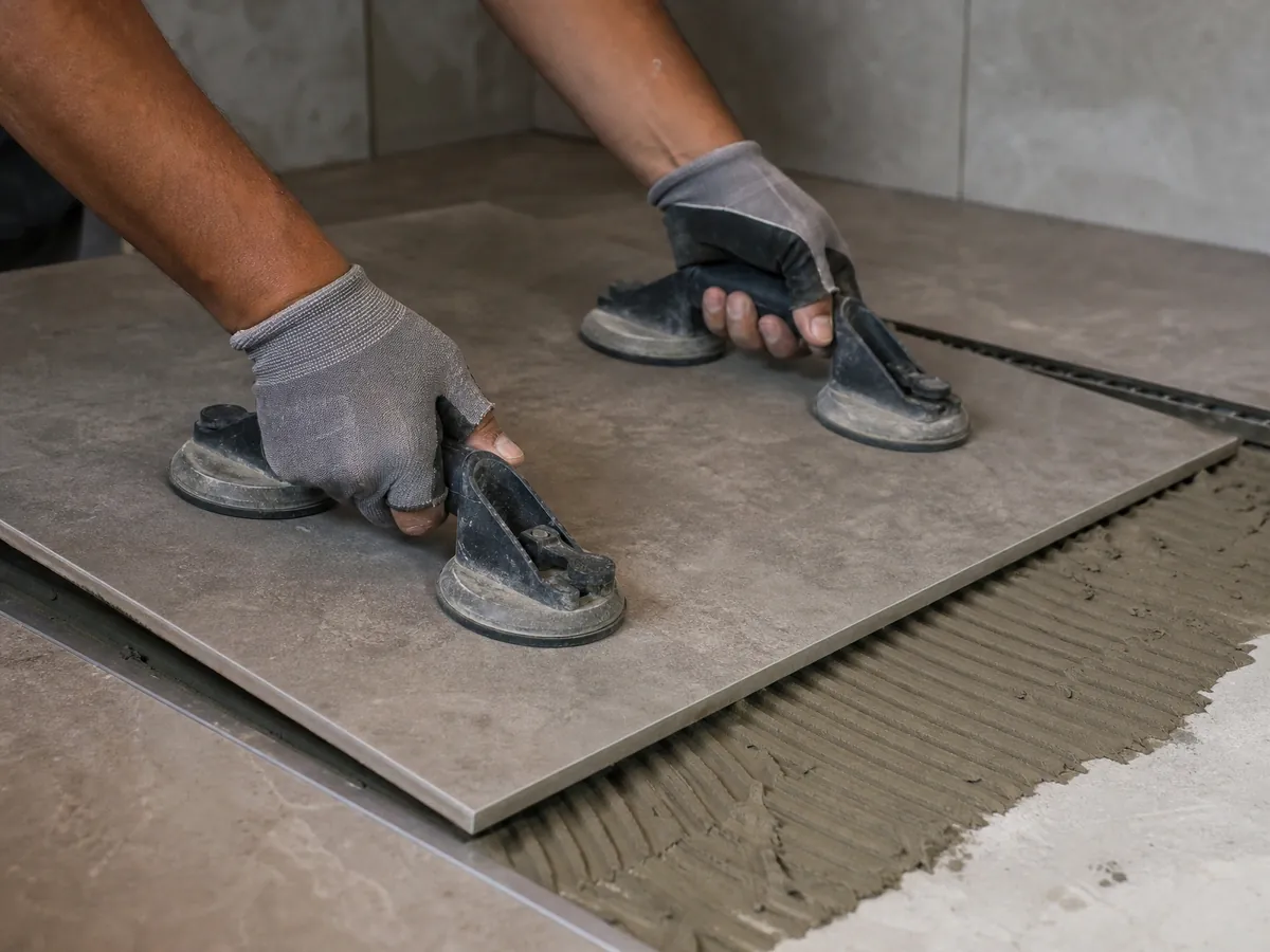 Fliesenleger setzt eine großformatige Fliese in einem barrierefreien Bad mit bodengleicher Dusche