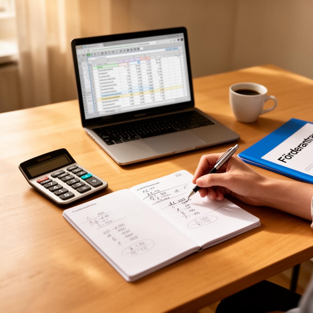 Hand schreibt Zahlen in ein Notizbuch, daneben Taschenrechner, Laptop mit Tabelle, eine Tasse Kaffee und eine blaue Mappe
