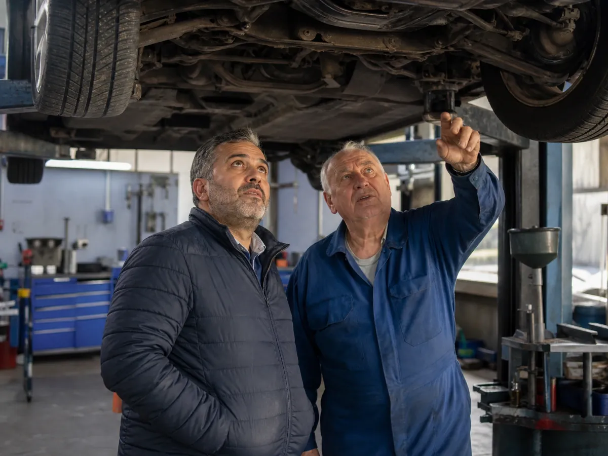 Übernahmeinteressent besichtigt mit dem Seniorchef die Kfz-Werkstatt, die er gefördert kaufen will