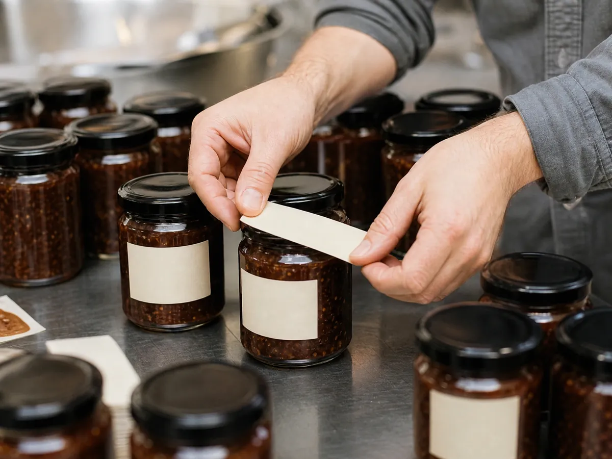 Hände etikettieren Chutney-Gläser – auf das Etikett gehören alle Pflichtangaben nach der LMIV