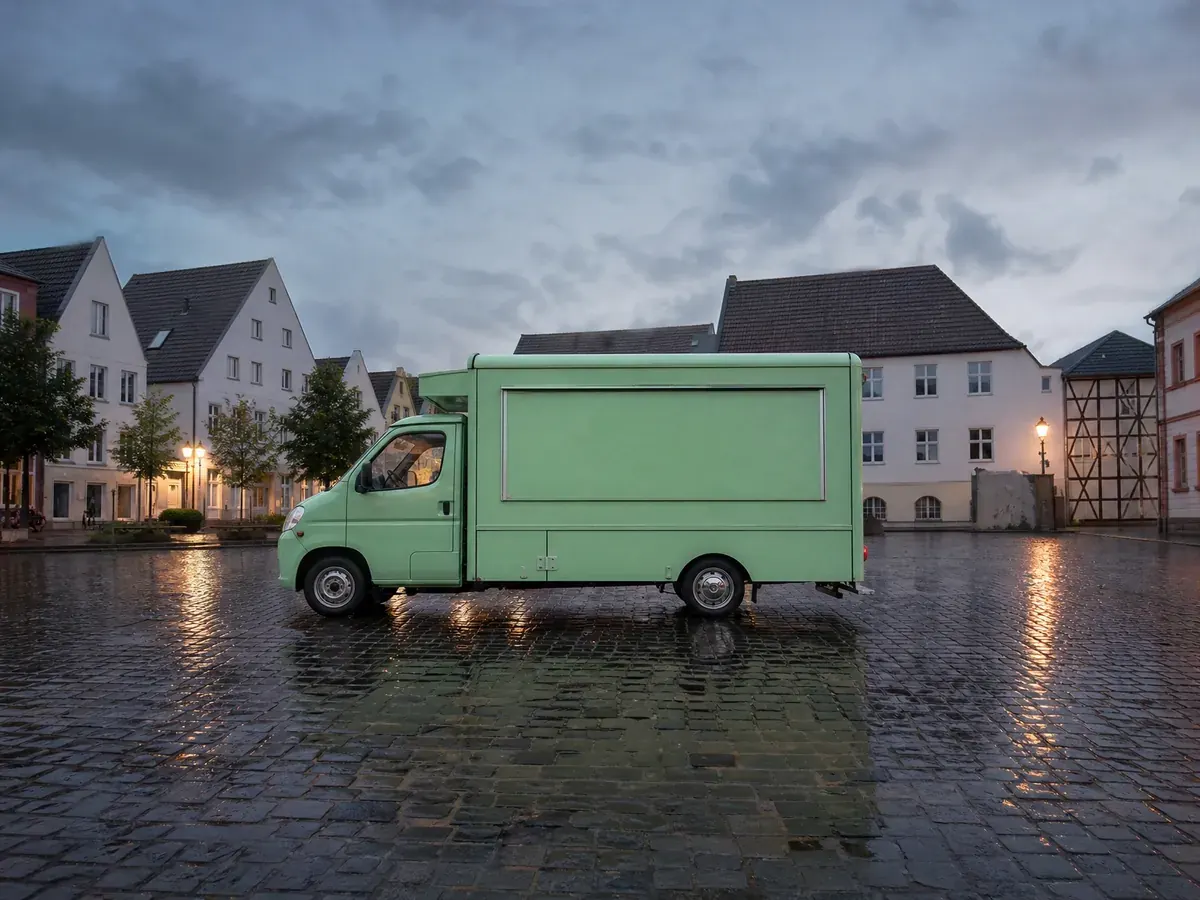 Umgebauter Foodtruck auf einem Marktplatz – Umbauten am Fahrzeug müssen technisch abgenommen sein