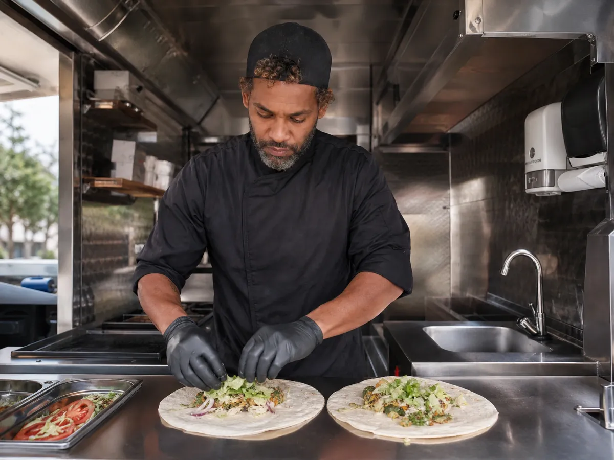 Foodtruck-Betreiber bereitet mit Handschuhen Wraps zu, das Handwaschbecken direkt daneben