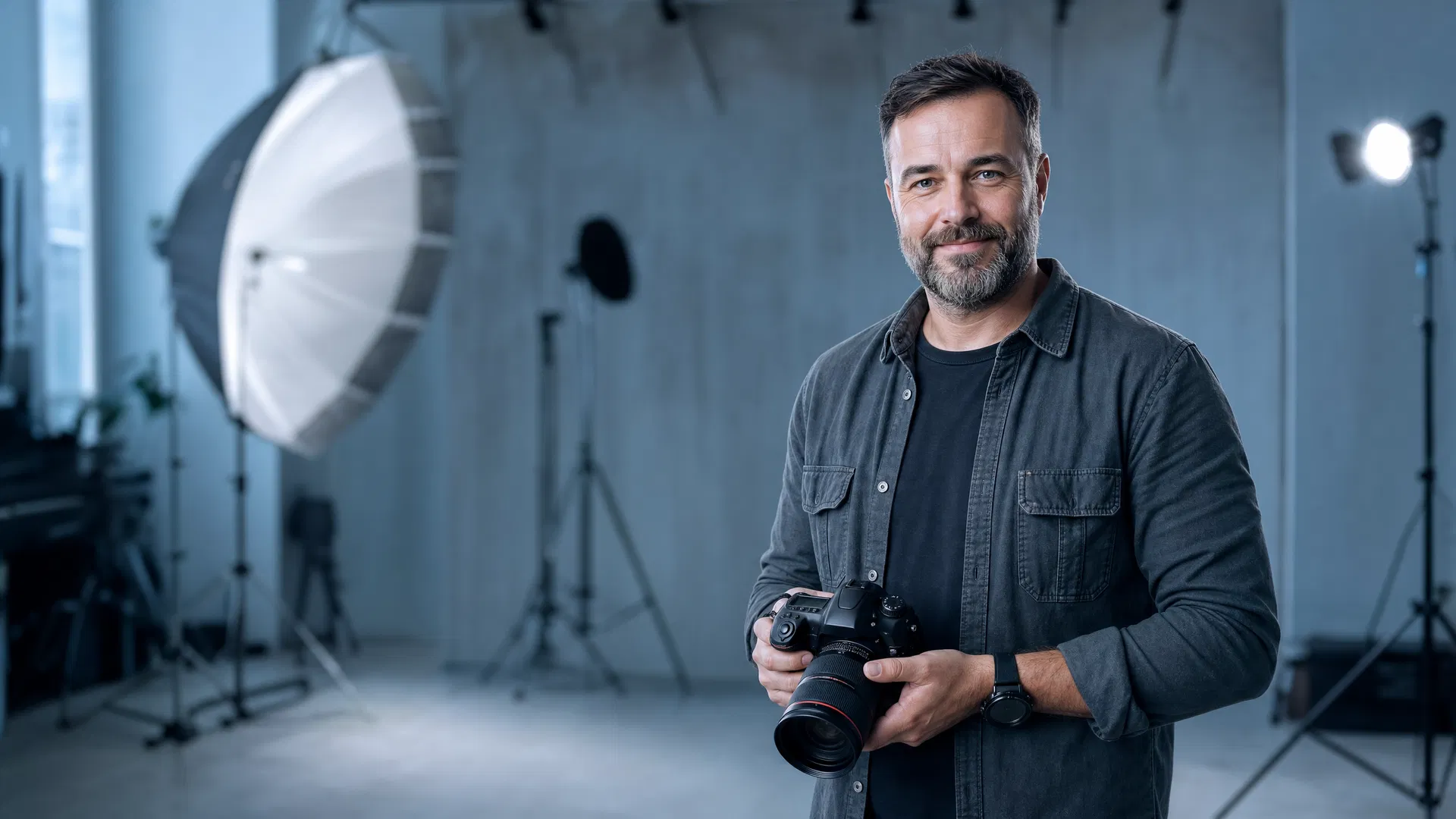 Fotograf mit Kamera in der Hand steht in einem Studio mit Schirmleuchte und Lichtstativen