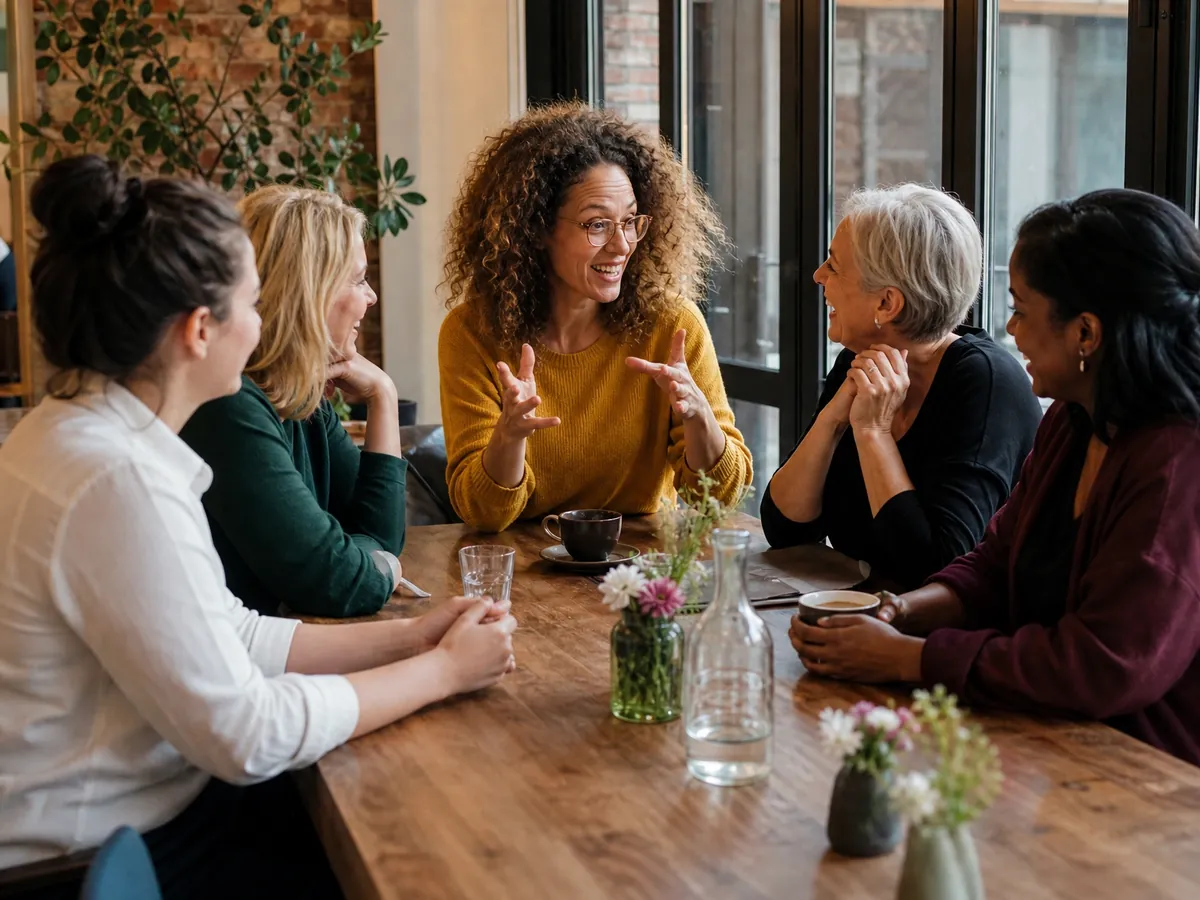 Gründerinnen tauschen sich bei einem Unternehmerinnen-Stammtisch im Café aus