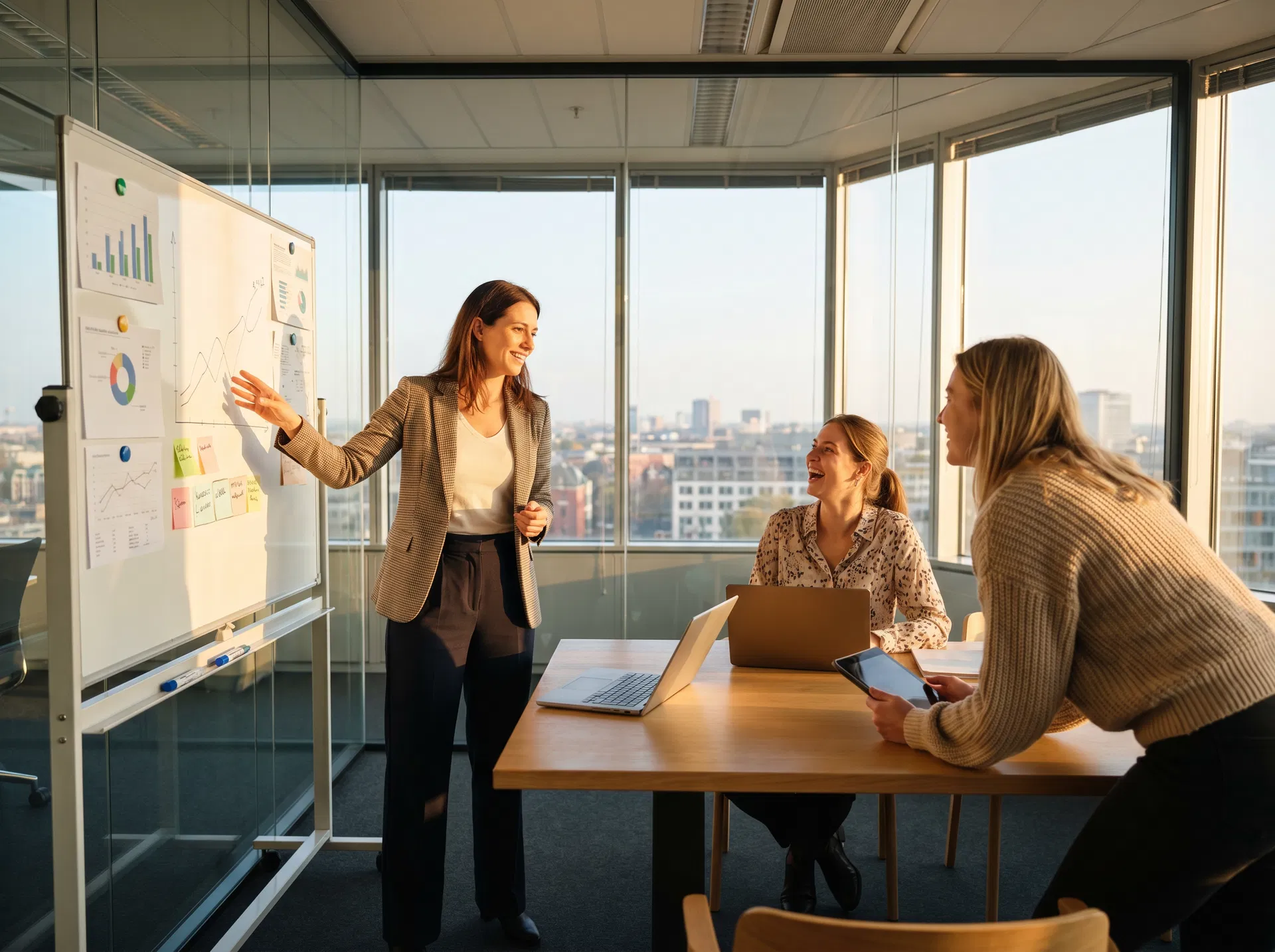 Frau im Blazer erklärt an einem Whiteboard mit Diagrammen ihr Vorhaben, zwei Frauen am Tisch mit Laptop hören lächelnd zu