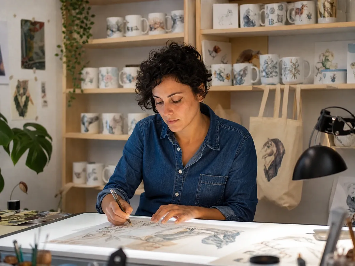 Illustratorin zeichnet im Atelier – der Verkauf eigener Produkte kann ein Gewerbe begründen