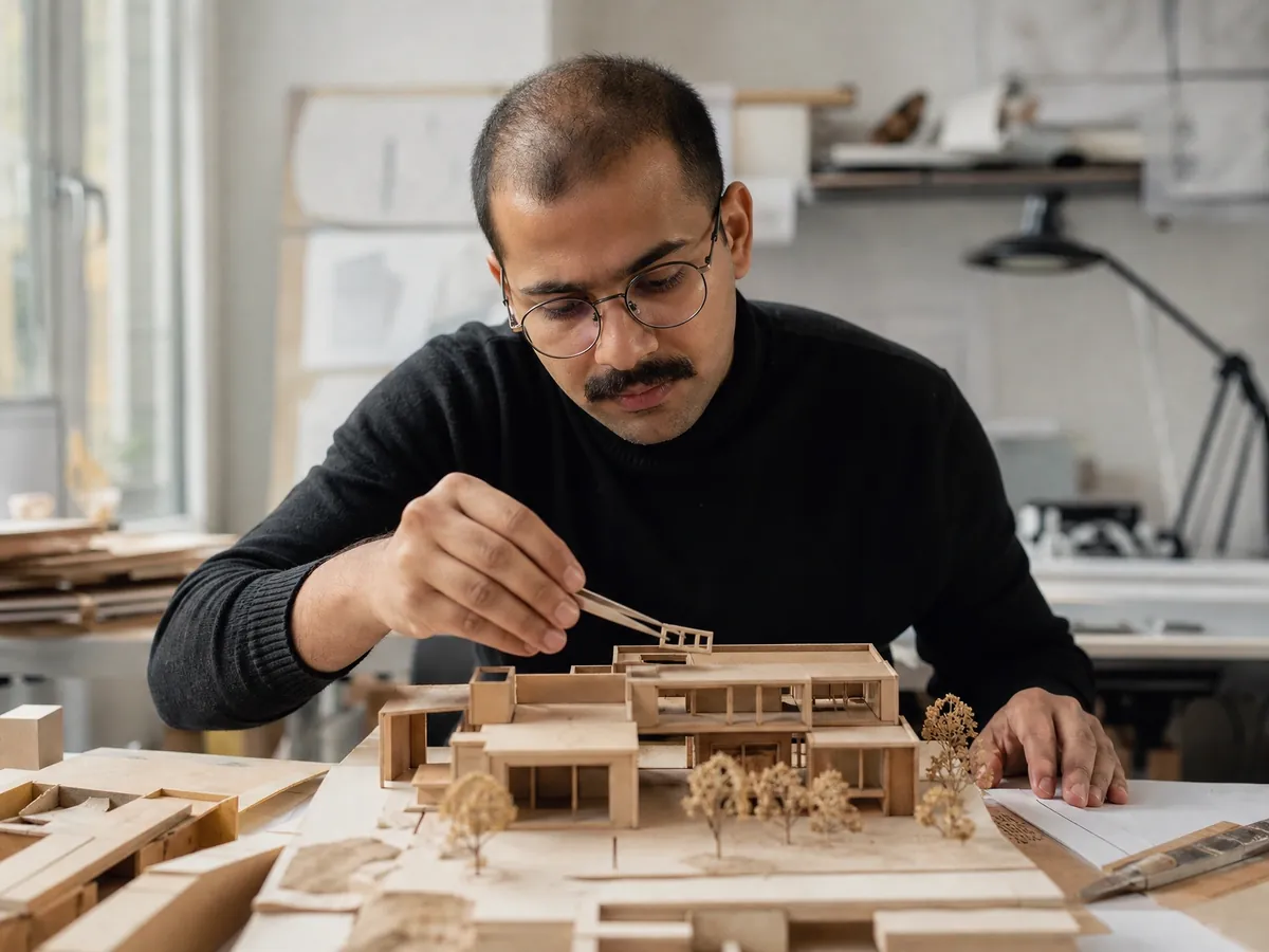 Junger Architekt arbeitet an einem Modell – Architekten gehören zu den Katalogberufen der Freiberufler