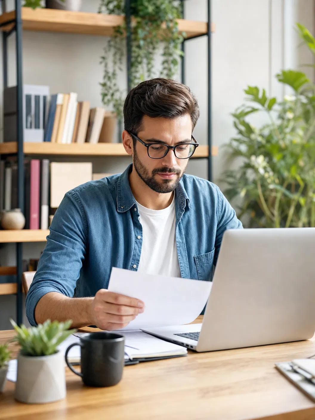 Mann mit Brille sitzt am Laptop und liest ein Blatt Papier, im Hintergrund ein Regal mit Büchern und Pflanzen