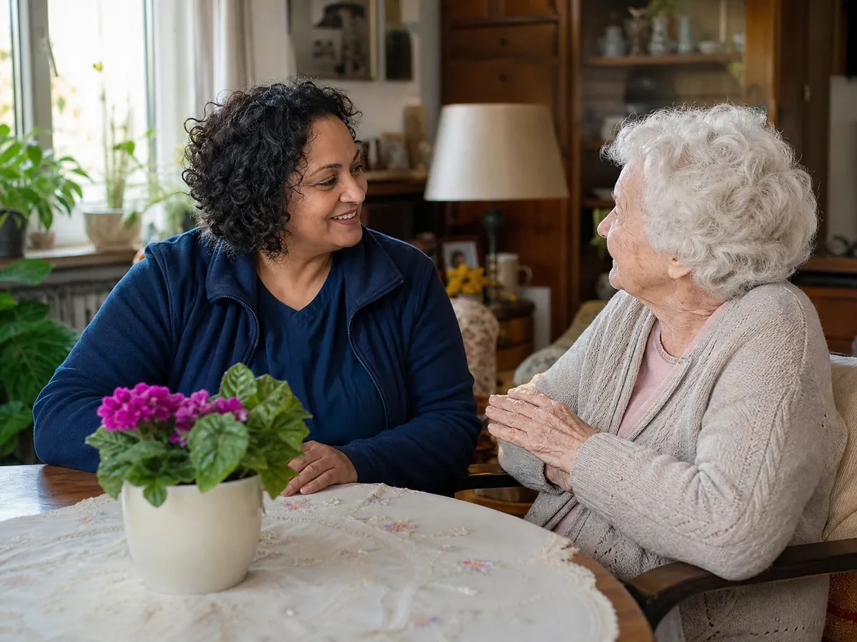 Selbstständige Pflegefachfrau führt bei einer Seniorin einen Beratungsbesuch zu Hause durch