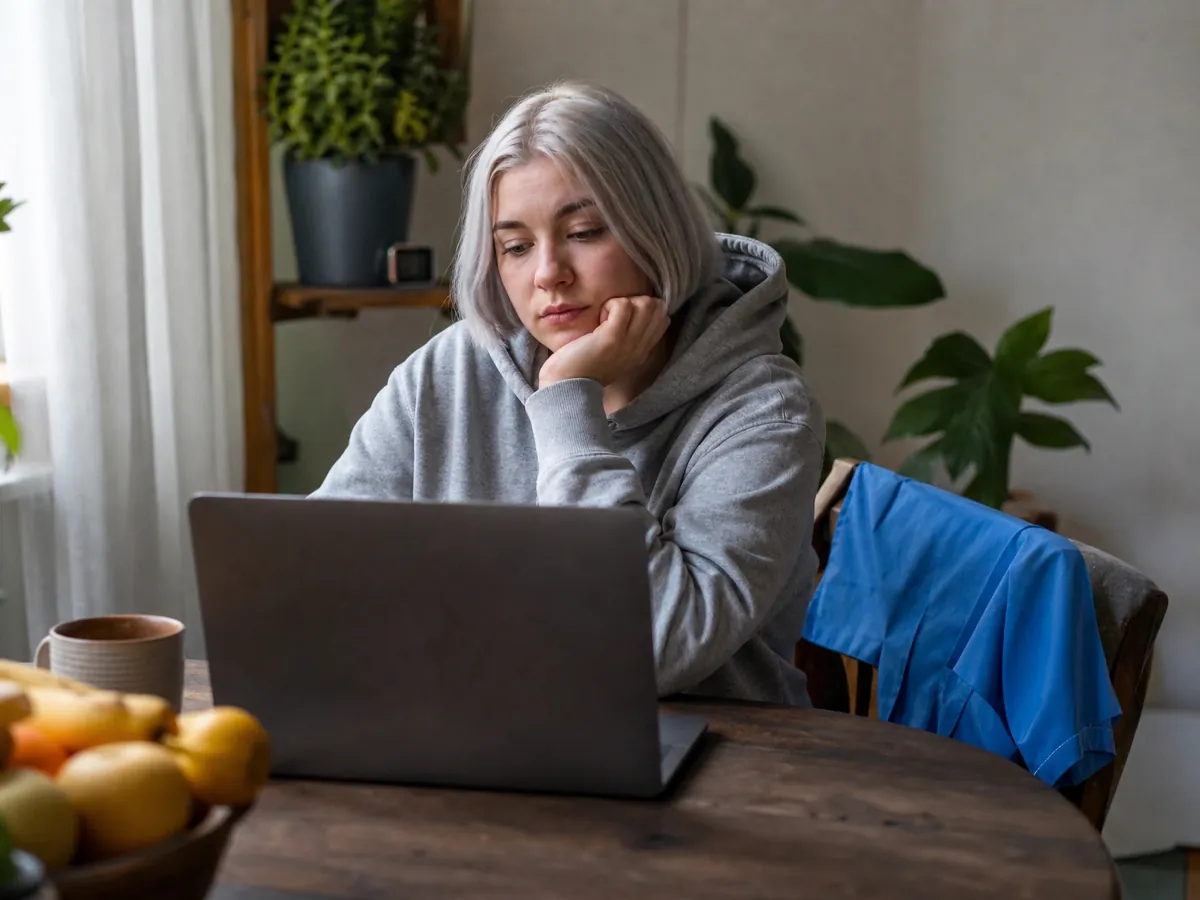 Junge Pflegekraft klärt vor dem Start in die Selbstständigkeit ihren Status am Laptop