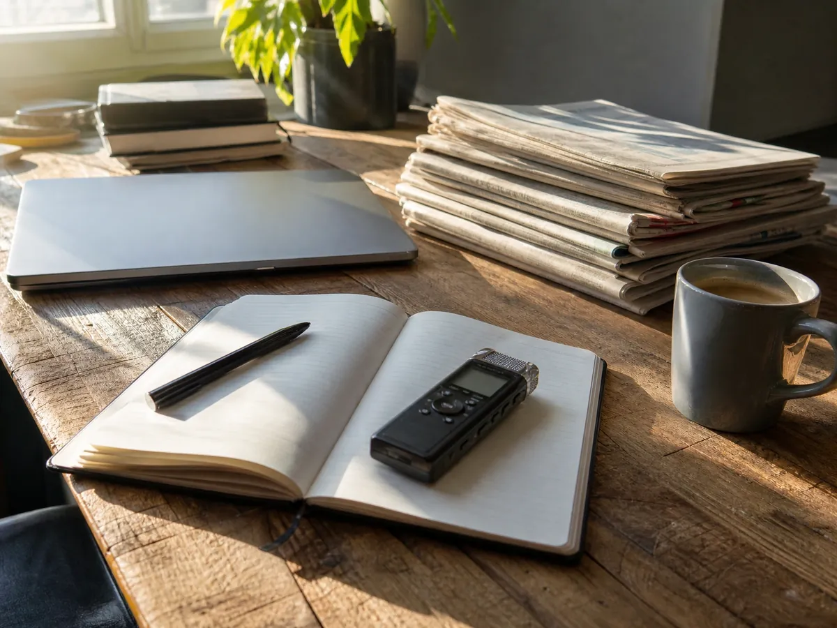 Arbeitsplatz eines freien Journalisten mit Notizbuch und Diktiergerät, an dem Artikel entstehen