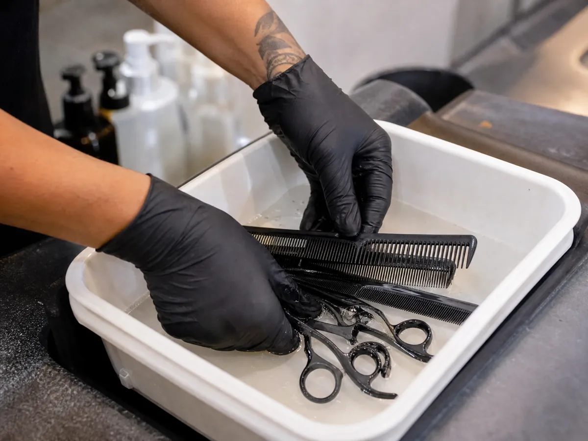 Kämme und Scheren werden im Friseursalon nach dem Hygieneplan desinfiziert