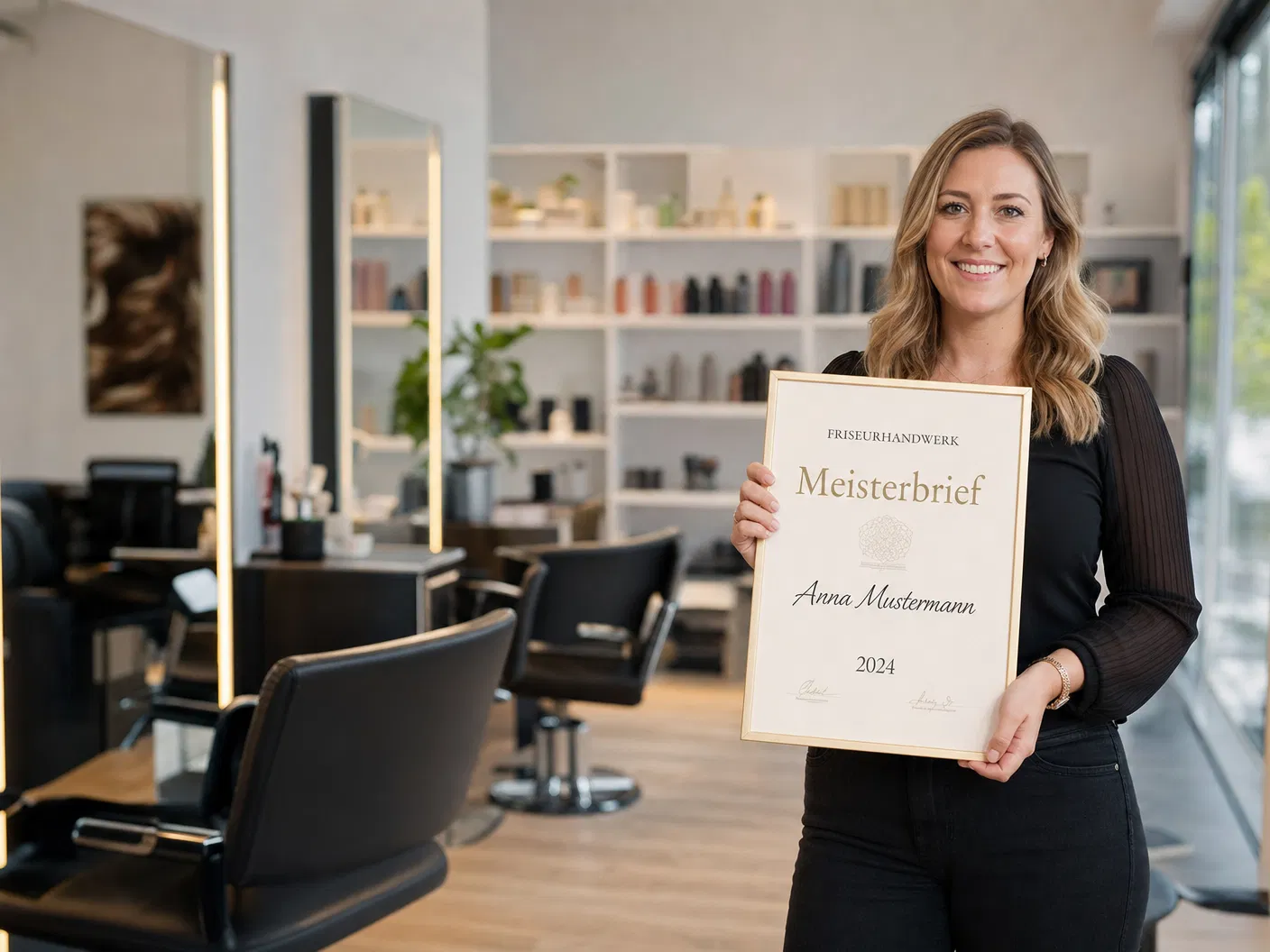 Friseurmeisterin hält ihren gerahmten Meisterbrief im eigenen Salon