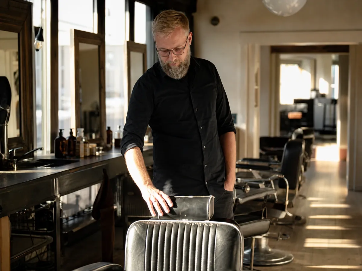 Friseurmeister steht in dem Friseursalon, den er übernehmen will