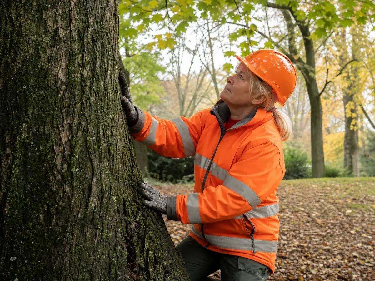 Landschaftsgärtnerin kontrolliert einen Baum – für Baumarbeiten braucht es passende Nachweise