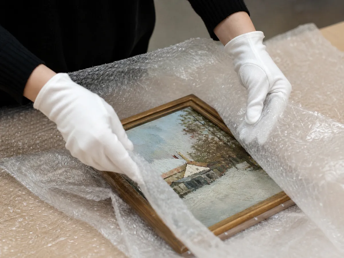 Ein verkauftes Gemälde wird in der Galerie für den Käufer verpackt