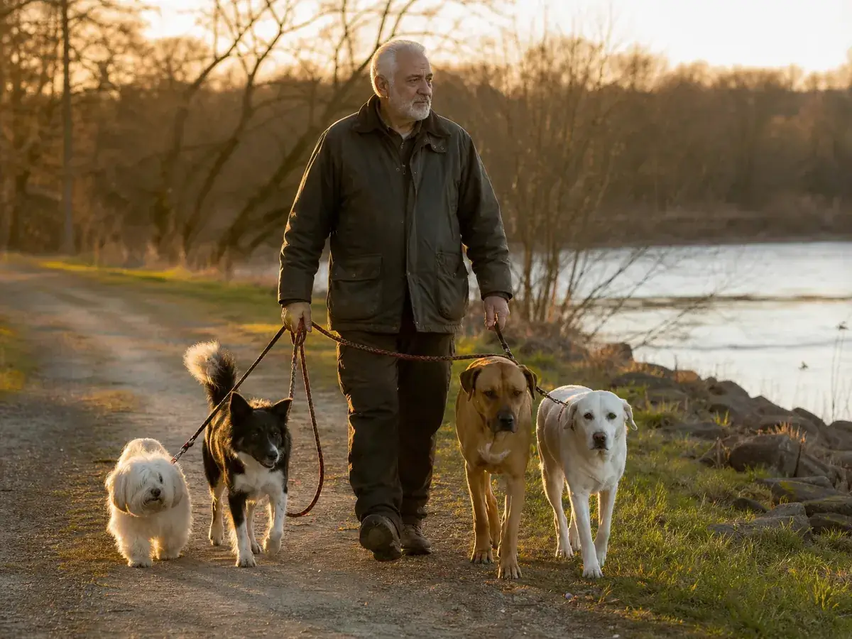Gassigänger führt eine Gruppe von vier Hunden aus – Gruppenrunden erhöhen den Verdienst