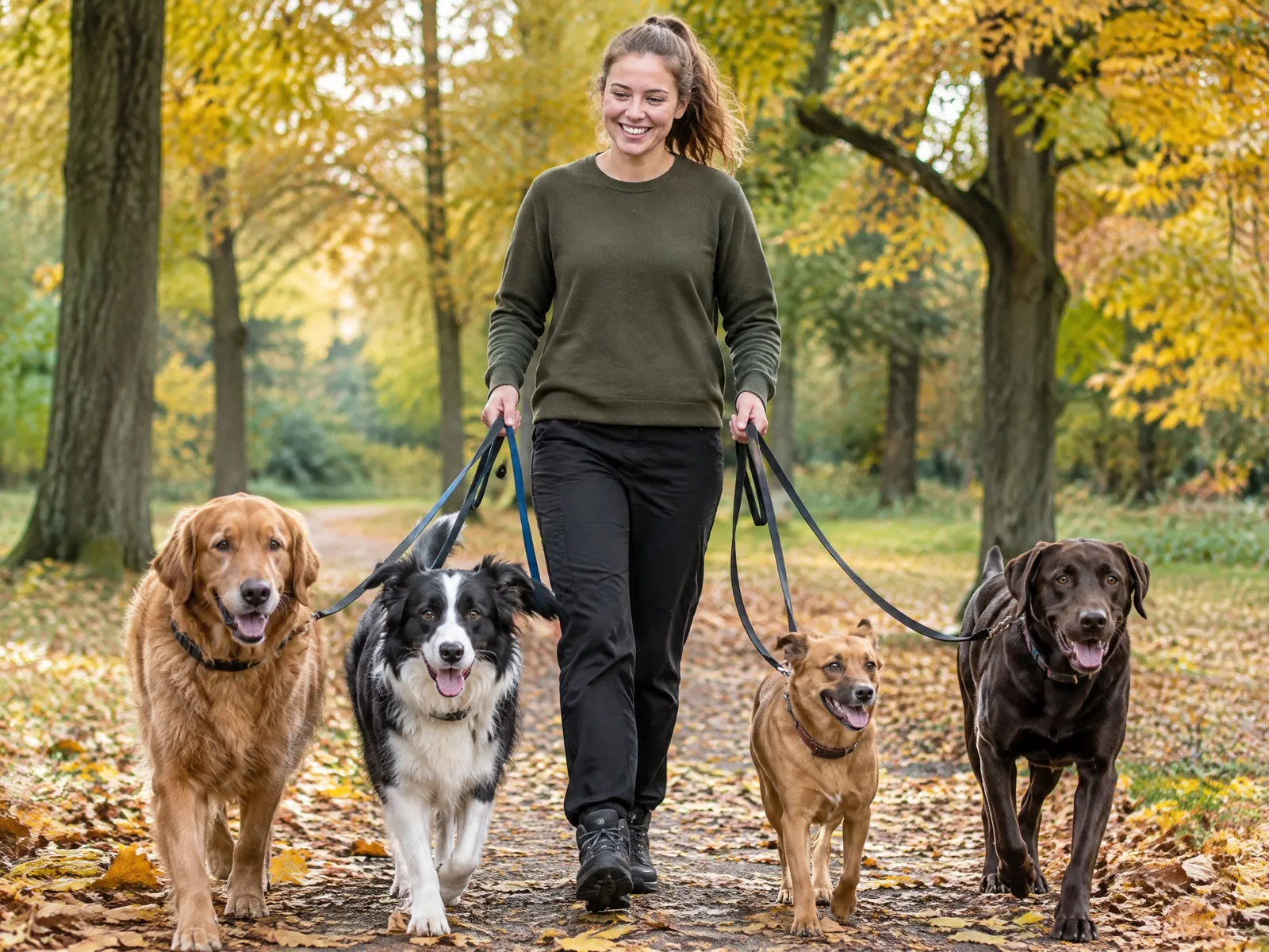 Gassi-Service gründen: Hundesitterin geht mit vier Hunden durch den Herbstpark