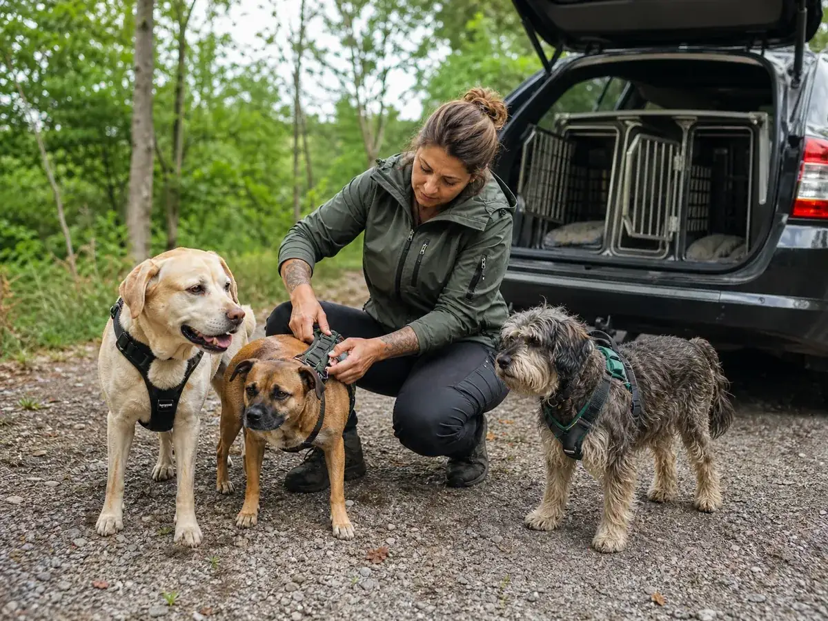 Hundesitterin prüft vor dem Spaziergang die Geschirre der Hunde ihres Gassi-Service