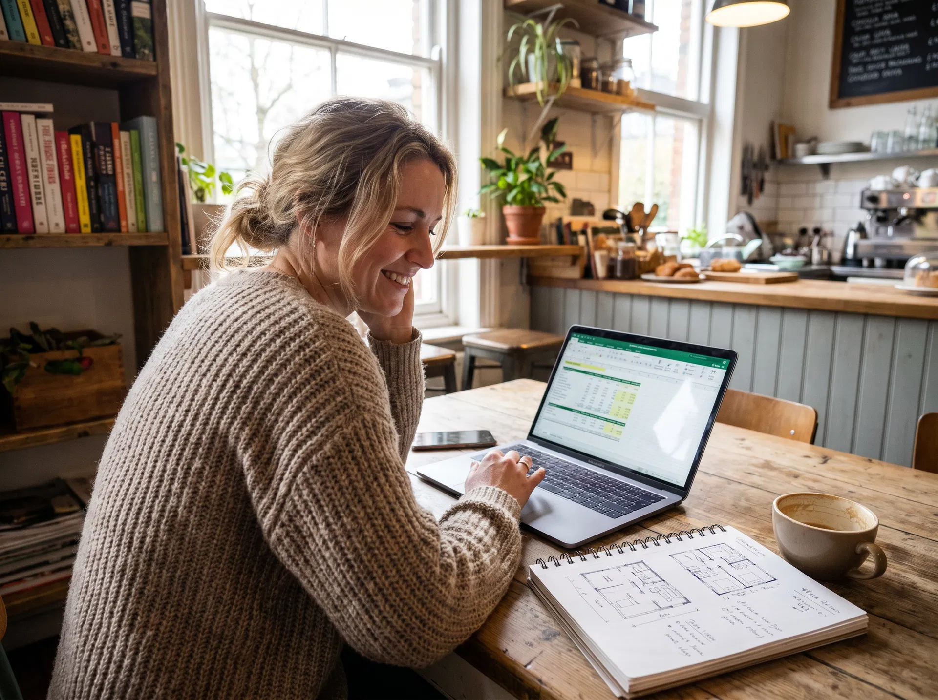 Gründerin sitzt lächelnd am Holztisch und rechnet am Laptop eine Tabelle durch, daneben ein Notizblock