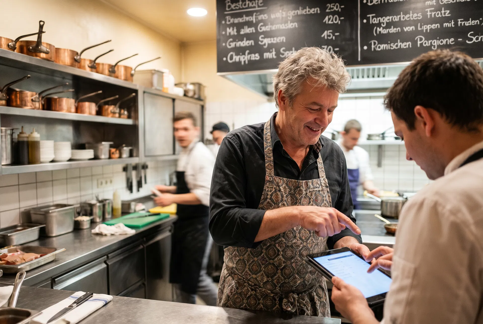 Gastronom mit Schürze zeigt einem Mitarbeiter etwas auf dem Tablet, im Hintergrund arbeitet das Team in der Restaurantküche