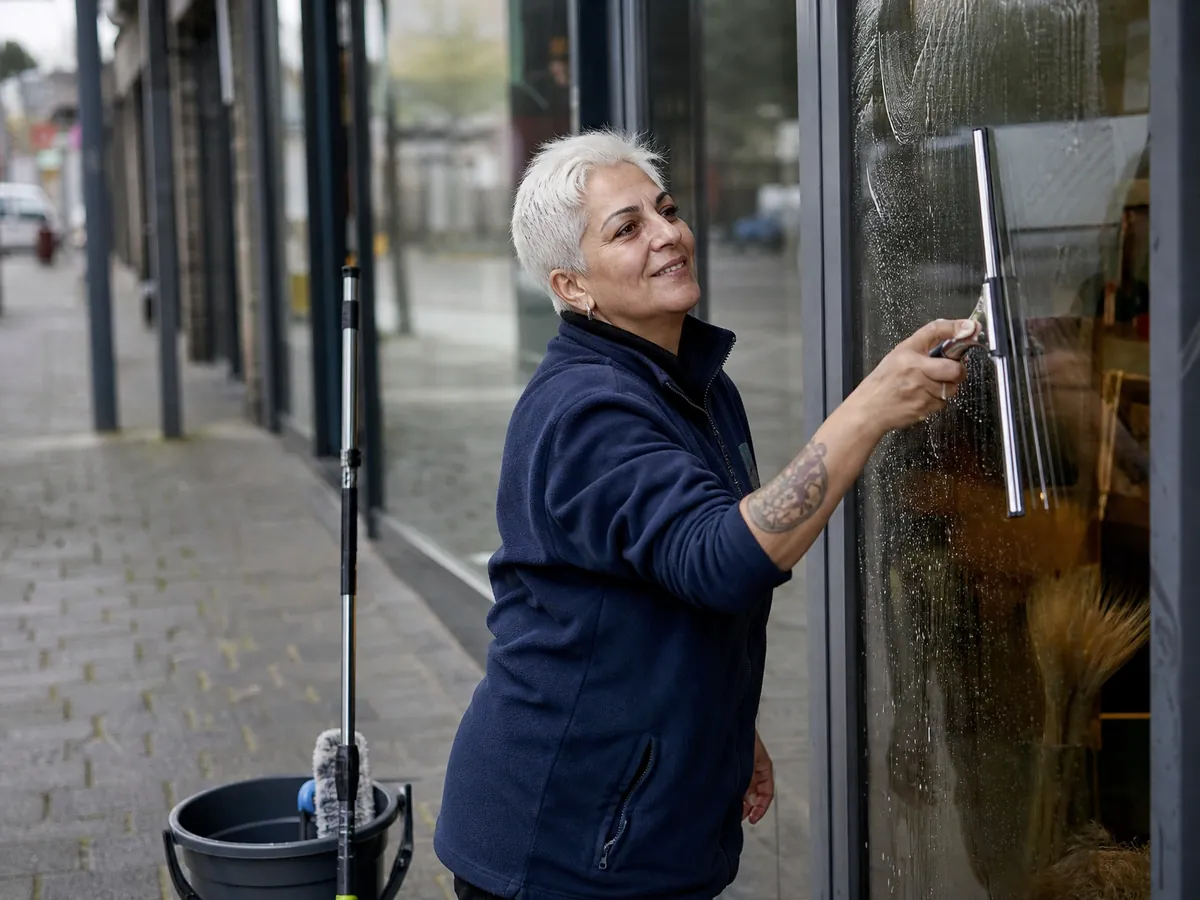 Glasreinigerin putzt ein Schaufenster – eine Dienstleistung mit wenig Startkapital
