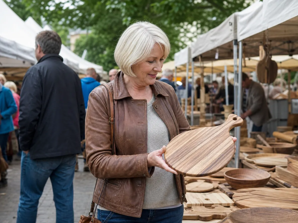 Frau sucht auf einem Handwerkermarkt Inspiration für eine eigene Geschäftsidee