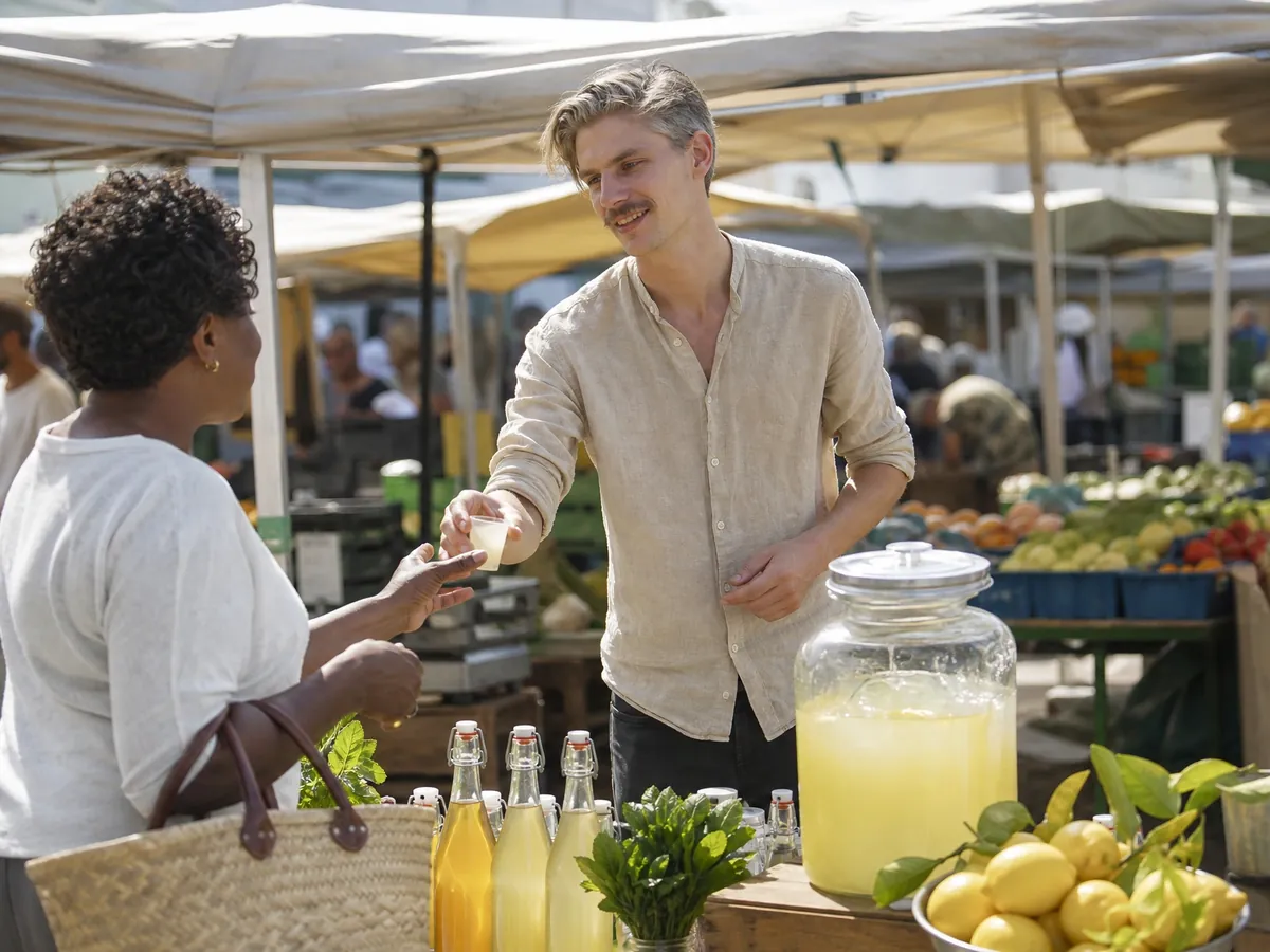 Gründer testet sein Geschäftsmodell mit Kostproben direkt bei Kunden auf dem Wochenmarkt