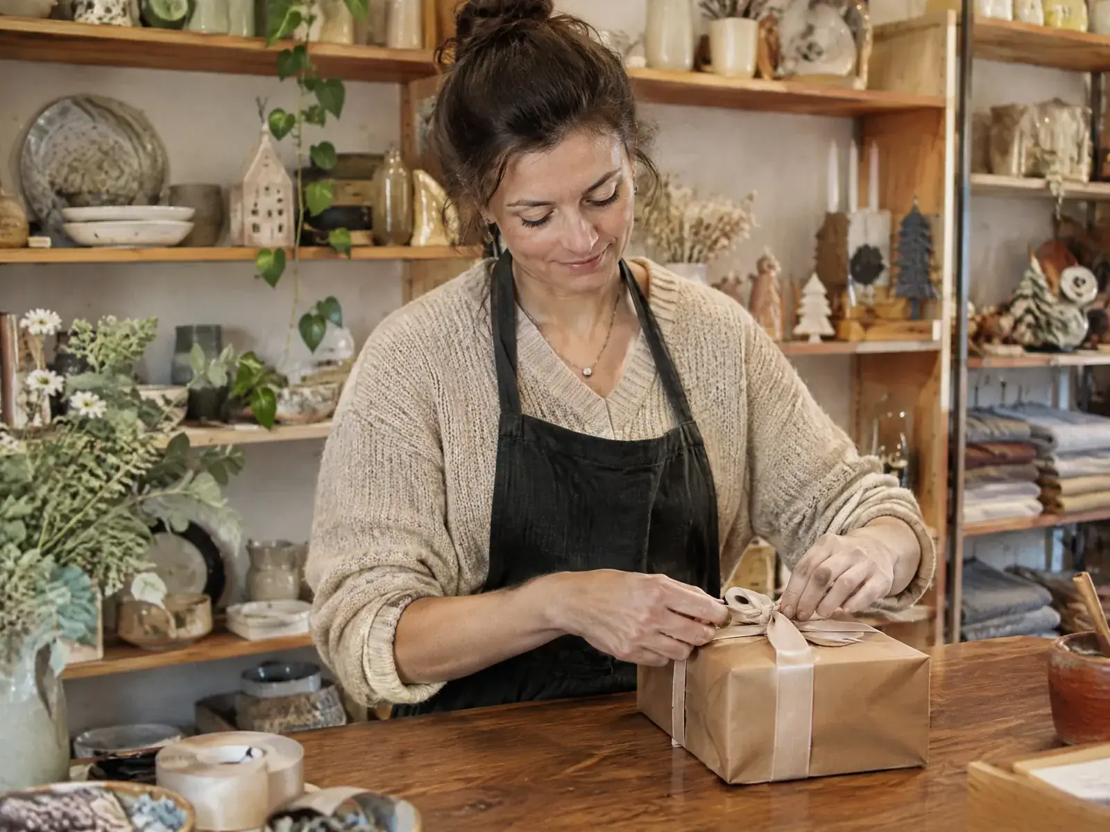 Geschenkeladen eröffnen: Inhaberin verpackt an der Theke ein Geschenk
